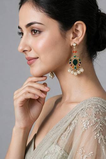 Gold plated multicolor stone pearl drop earrings