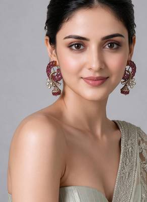 Gold plated pink stone peacock motif statement earrings 1