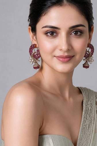 Gold plated pink stone peacock motif statement earrings