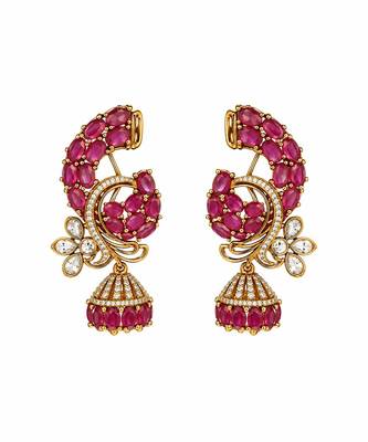 Gold plated pink stone peacock motif statement earrings 2