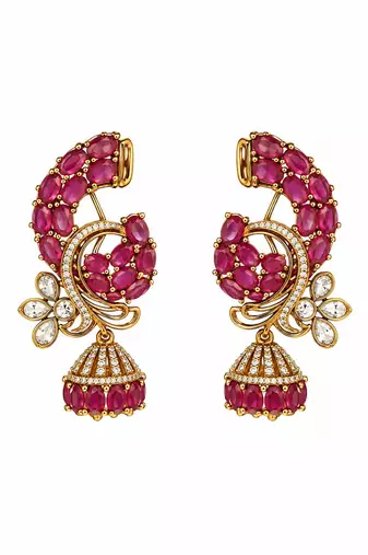 Gold plated pink stone peacock motif statement earrings