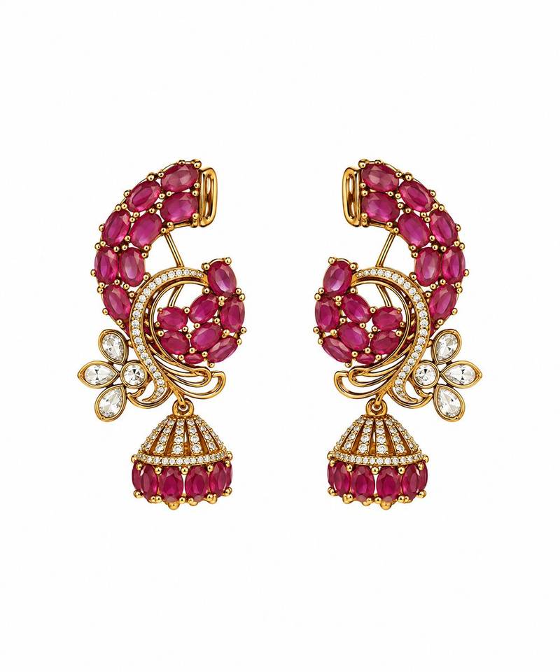 Gold plated pink stone peacock motif statement earrings