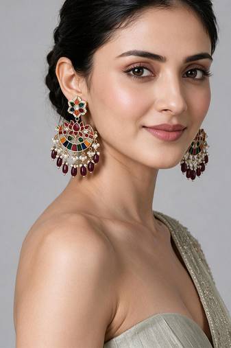 Gold plated multicolor kundan pearl chandbali earrings