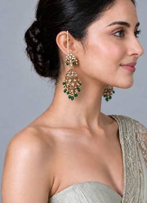 Gold plated kundan pearl ear chain earrings 1
