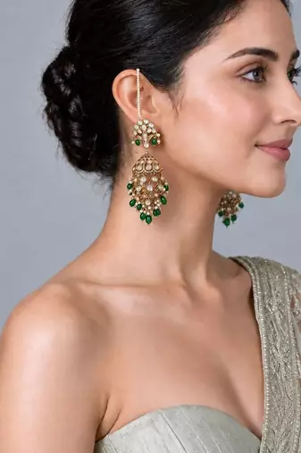 Gold plated kundan pearl ear chain earrings