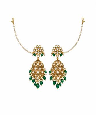 Gold plated kundan pearl ear chain earrings 2