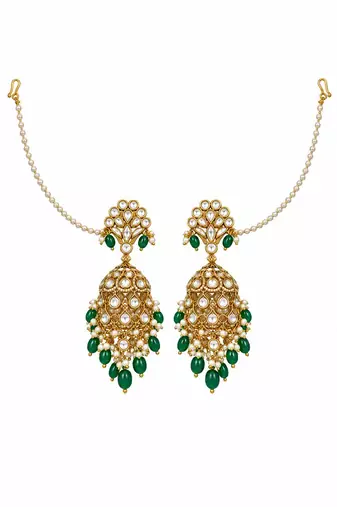 Gold plated kundan pearl ear chain earrings