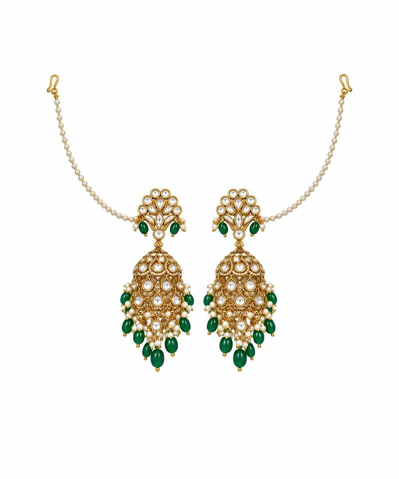 Gold plated kundan pearl ear chain earrings