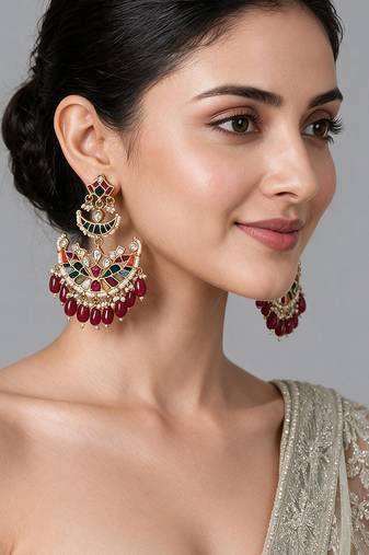 Gold plated multicolor kundan pearl chandbali earrings