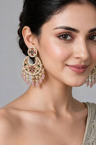 Gold plated multicolor kundan pearl chandbali earrings