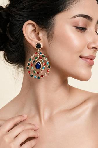 Gold plated multicolor kundan semi precious stone earrings