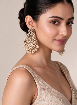 Gold plated pearl kundan layered chandbali earrings 1