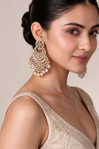 Gold plated pearl kundan layered chandbali earrings