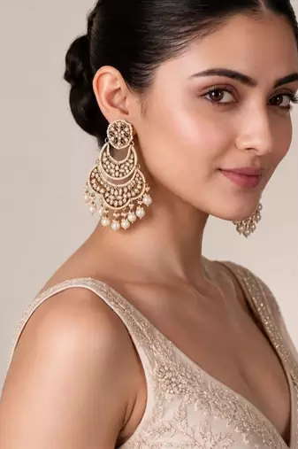 Gold plated pearl kundan layered chandbali earrings