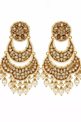 Gold plated pearl kundan layered chandbali earrings