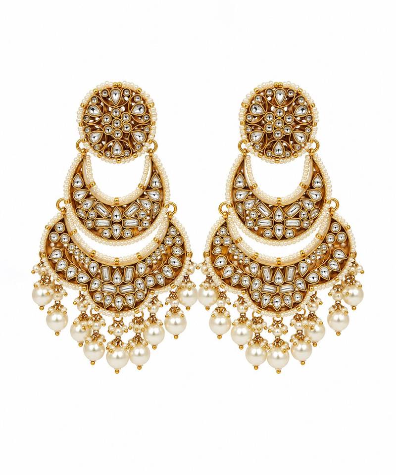 Gold plated pearl kundan layered chandbali earrings