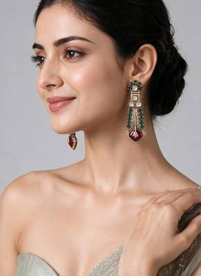 Gold plated emerald green and ruby red kundan statement earrings 1