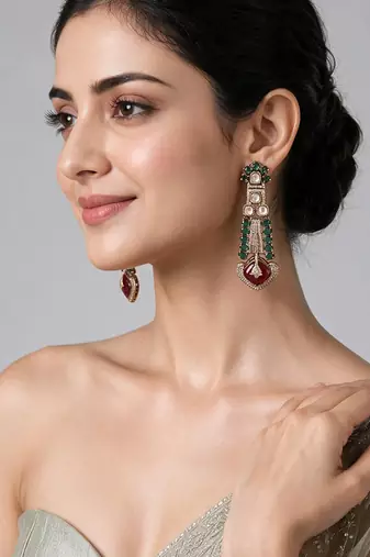 Gold plated emerald green and ruby red kundan statement earrings
