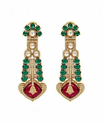 Gold plated emerald green and ruby red kundan statement earrings 2