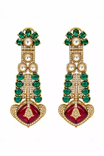 Gold plated emerald green and ruby red kundan statement earrings