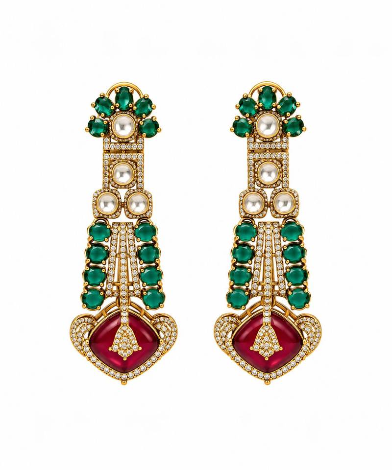 Gold plated emerald green and ruby red kundan statement earrings