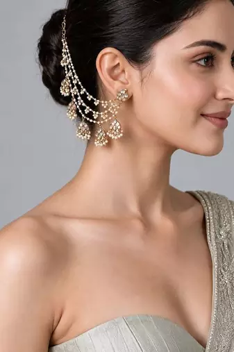 Gold plated pearl kundan layered earchain