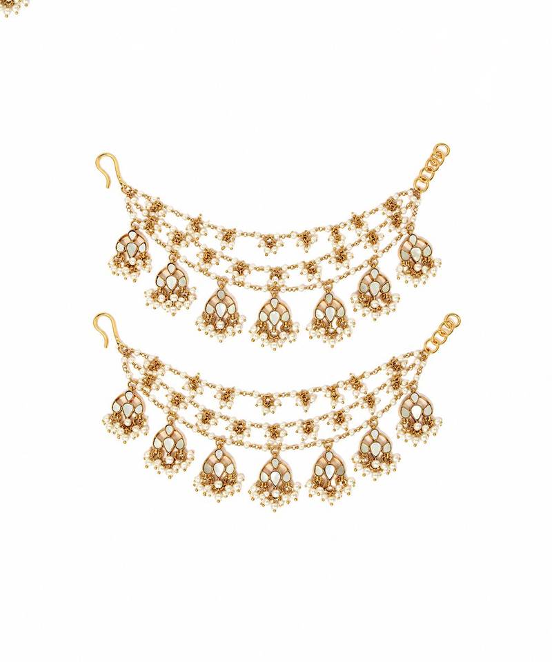 Gold plated pearl kundan layered earchain