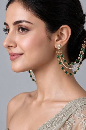 Gold plated emerald green pearl layered earchain