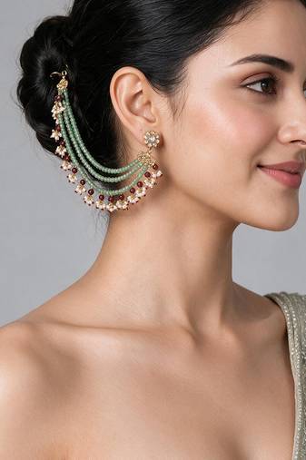Gold plated sage green pearl layered earchain