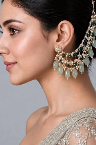 Gold plated sage green pearl layered earchain
