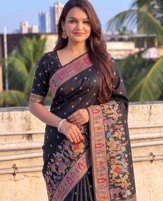 Women's zari woven kashmiri pashmina silk traditional saree with blouse 2