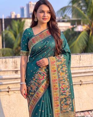 Women's zari woven kashmiri pashmina silk traditional saree with blouse 2