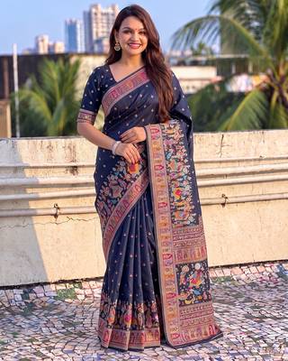 Women's zari woven kashmiri pashmina silk traditional saree with blouse 1