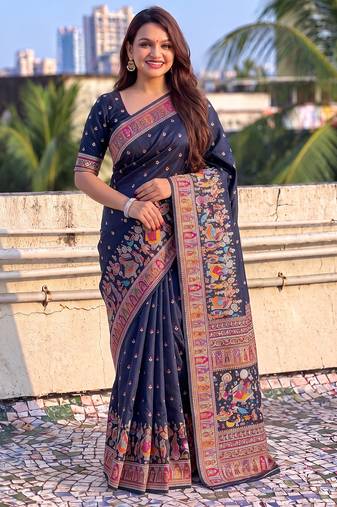 Women's zari woven kashmiri pashmina silk traditional saree with blouse