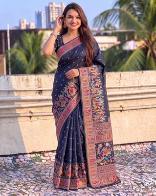 Women's zari woven kashmiri pashmina silk traditional saree with blouse 3