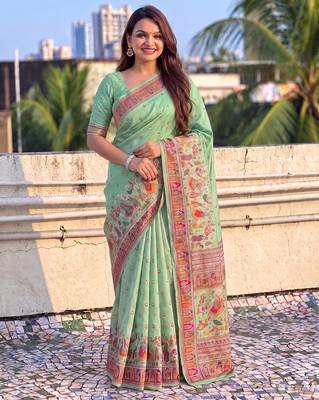 Women's zari woven kashmiri pashmina silk traditional saree with blouse 1