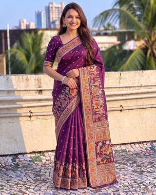 Women's zari woven kashmiri pashmina silk traditional saree with blouse 1