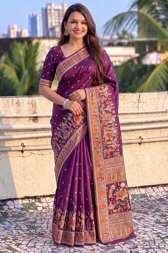 Women's zari woven kashmiri pashmina silk traditional saree with blouse
