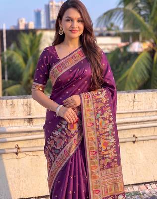 Women's zari woven kashmiri pashmina silk traditional saree with blouse 2