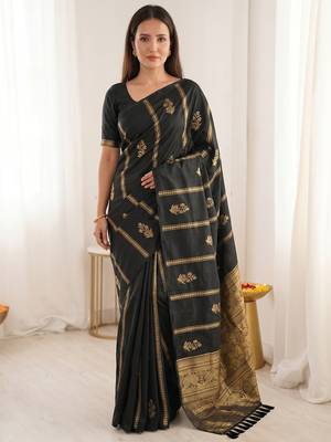 women's zari woven soft silk blend traditional saree with blouse 1
