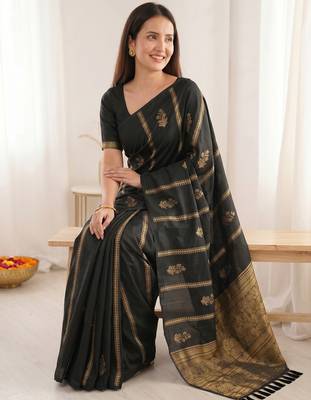 women's zari woven soft silk blend traditional saree with blouse 2