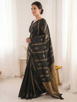women's zari woven soft silk blend traditional saree with blouse 4