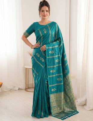 women's zari woven soft silk blend traditional saree with blouse 1
