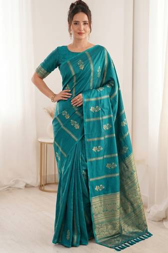 women's zari woven soft silk blend traditional saree with blouse