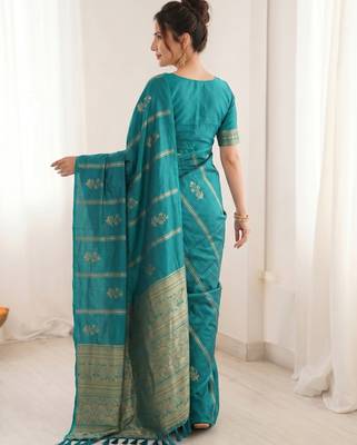 women's zari woven soft silk blend traditional saree with blouse 2