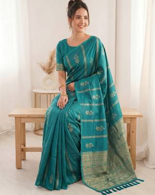 women's zari woven soft silk blend traditional saree with blouse 3