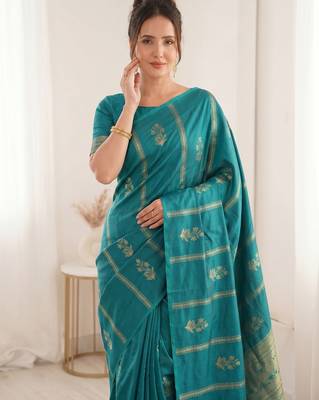 women's zari woven soft silk blend traditional saree with blouse 4