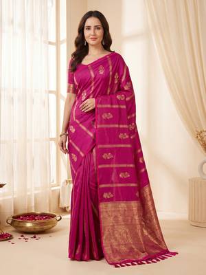 women's zari woven soft silk blend traditional saree with blouse 1