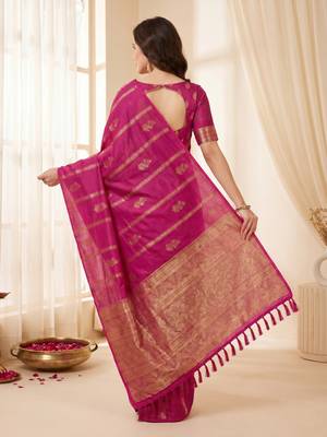 women's zari woven soft silk blend traditional saree with blouse 2