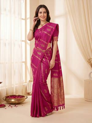 women's zari woven soft silk blend traditional saree with blouse 3